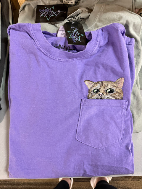 Embroidered cat pocket Comfort Colors Short Sleeve T-Shirt